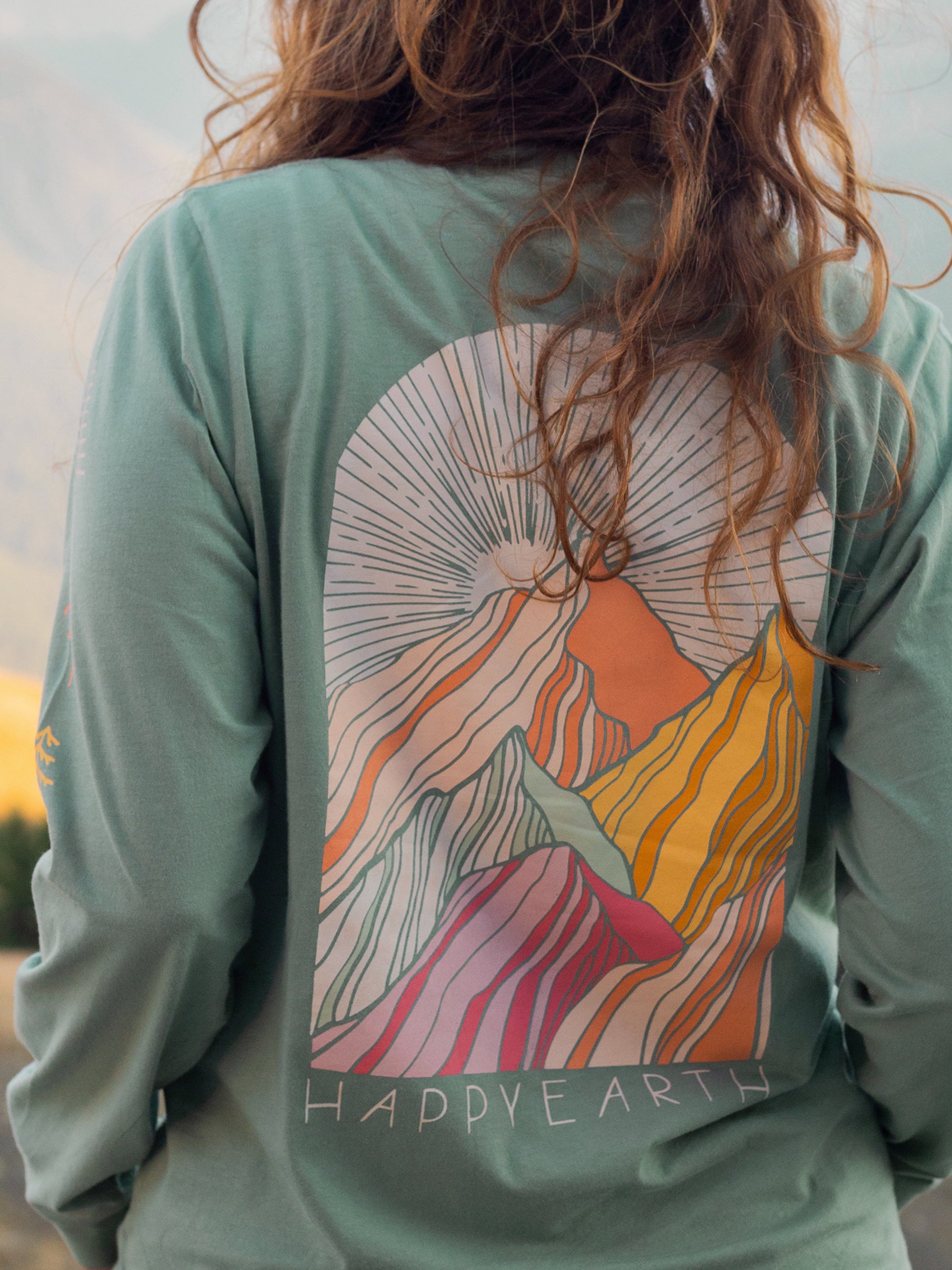 Colorful Mountains Tee, a Organic Long Sleeve Tee by Happy Earth Apparel