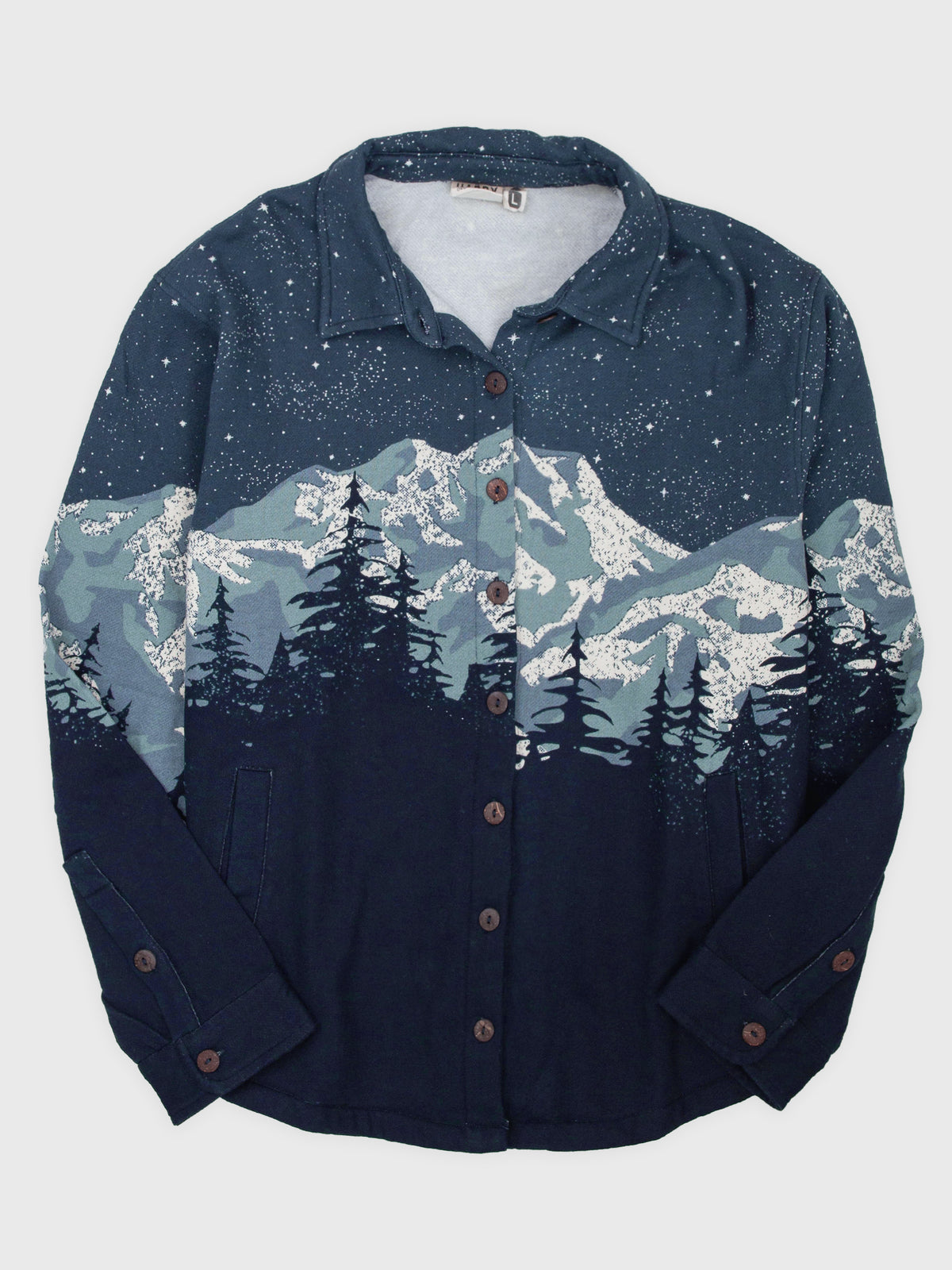 Flatlay of the Cascadian Night Blanket Shirt, flannel shirt-jacket