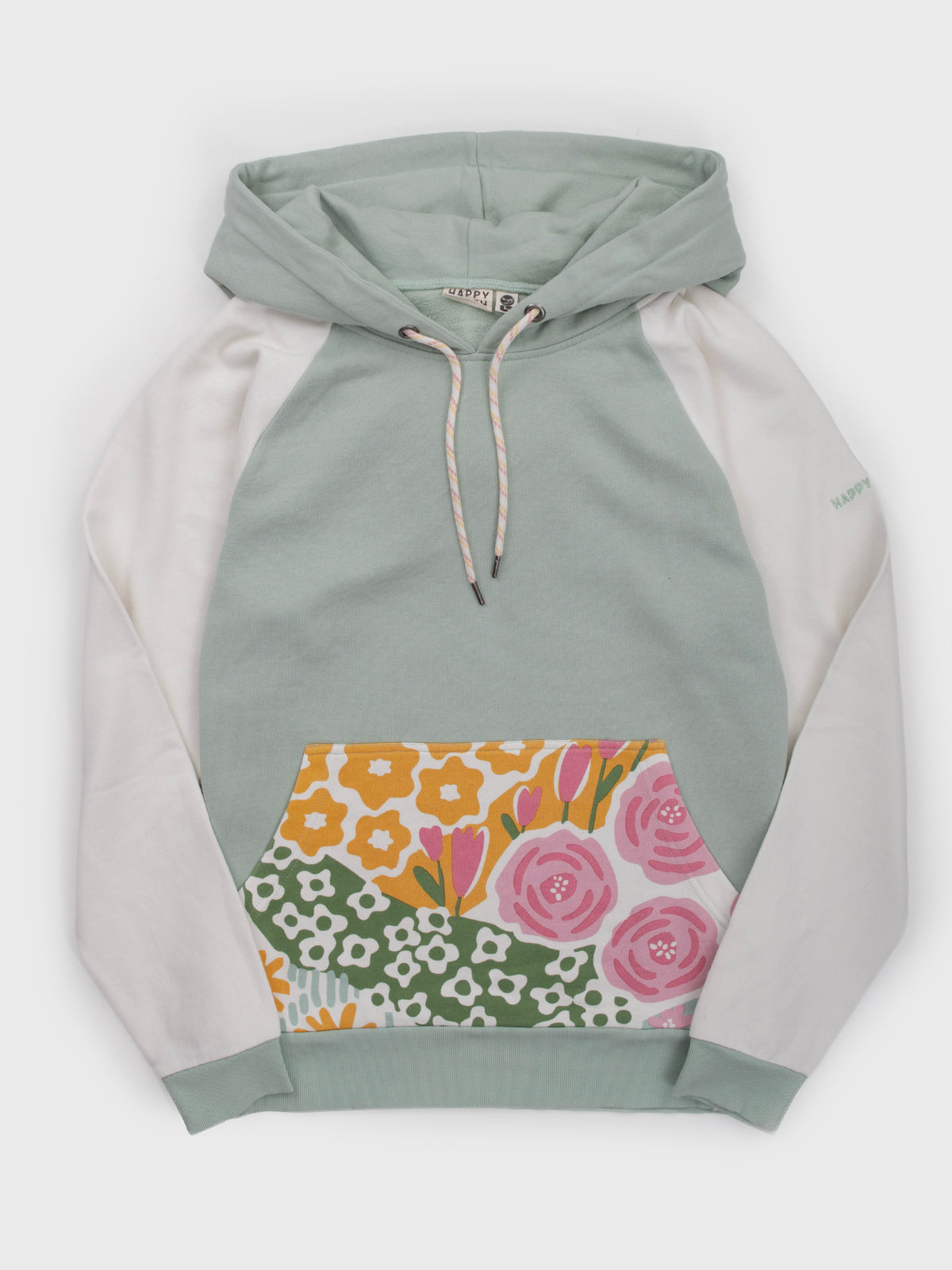 Flat lay of the Bouquet organic cotton hoodie in seafoam with cream sleeves, pink rose and yellow flower pocket print