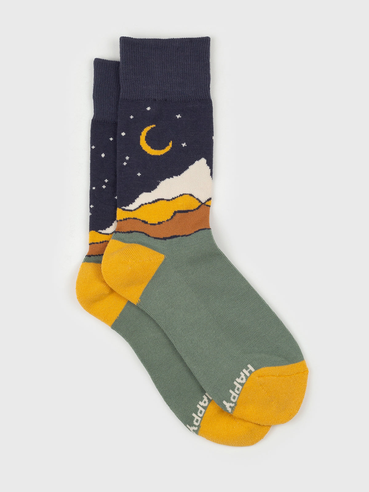 Navy and gray organic cotton socks featuring a golden moon, mountain landscape, and Happy Earth text on the reinforced toe.