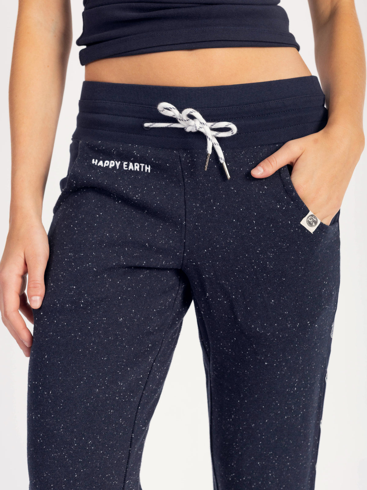 Close-up of the drawstring waist and pocket on the Moonshine organic cotton straight leg sweatpants