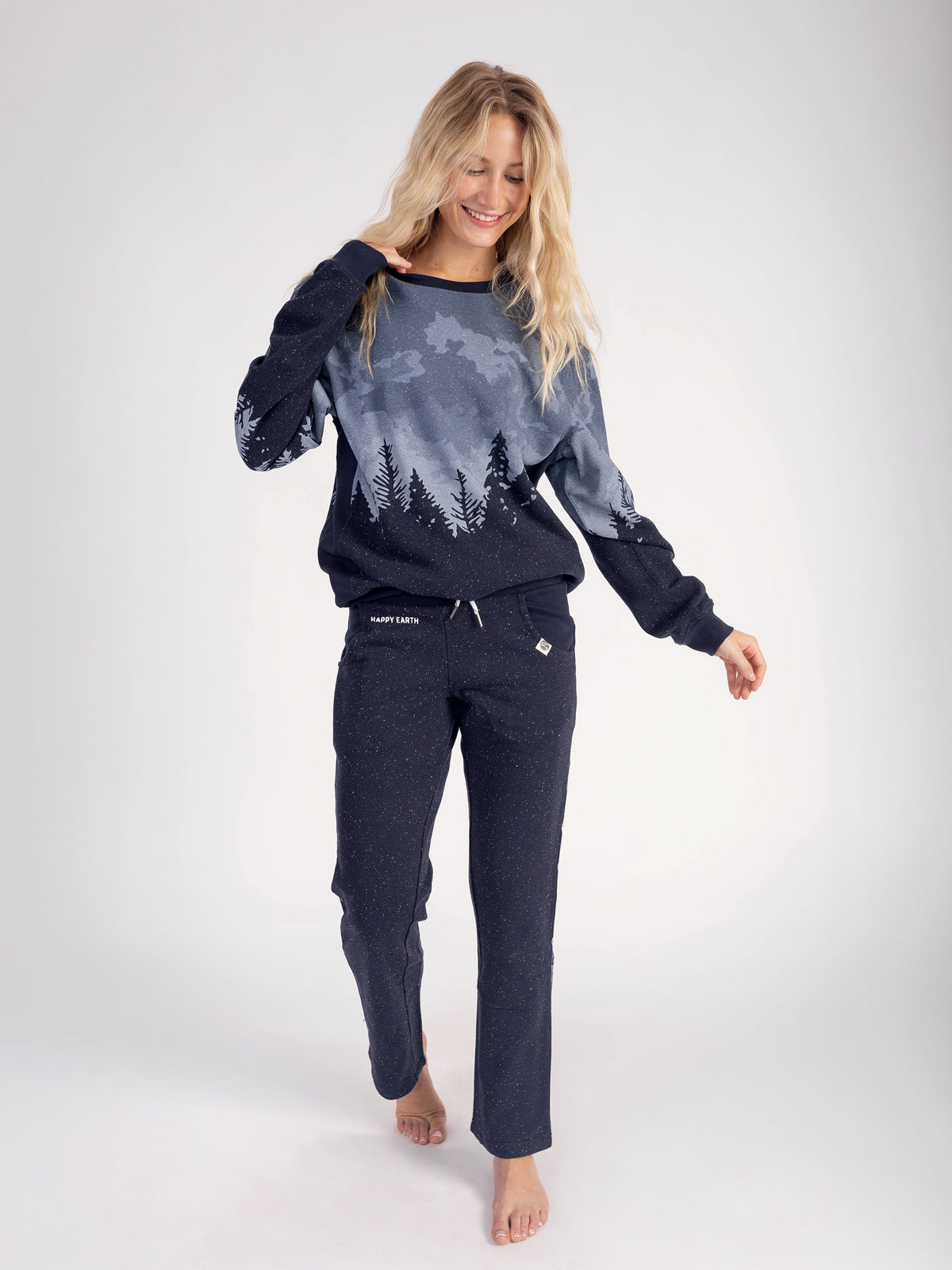 Model wearing the Moonshine organic cotton straight leg sweatpants with the Stardust sweatshirt