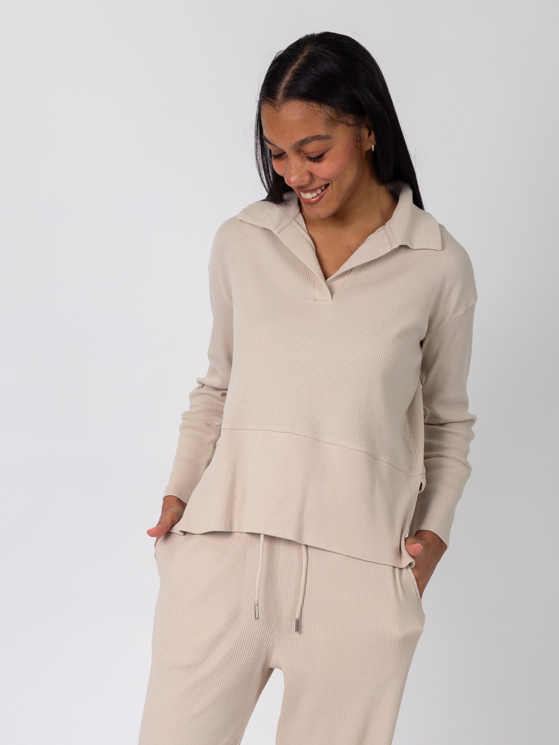 Revive™ Organic Cotton Polo Sweater | Oat, a Organic Low Impact Activewear by Happy Earth Apparel