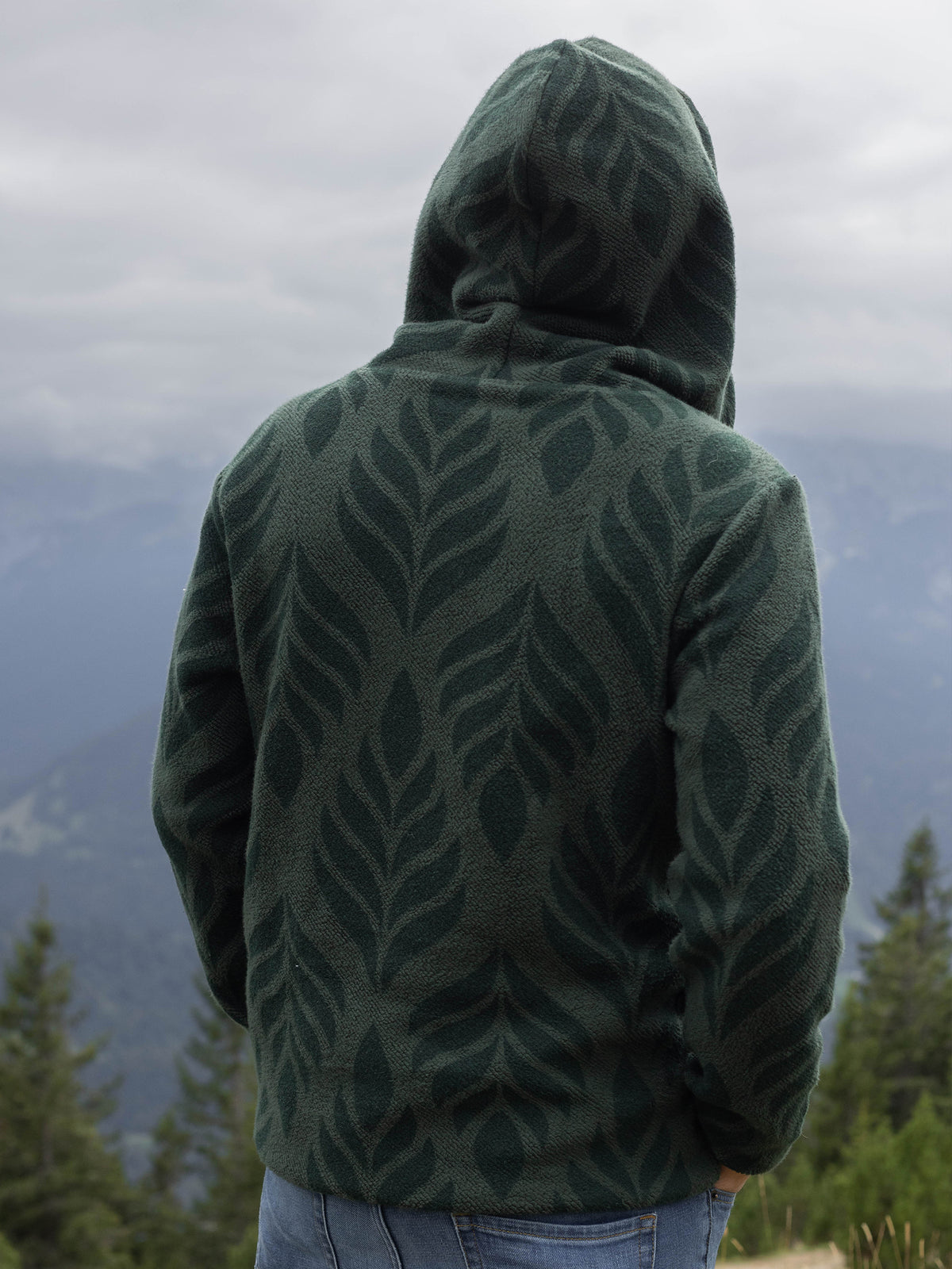 Back view of the Verdant organic cotton sherpa zip hoodie, hood up, mountains in the background