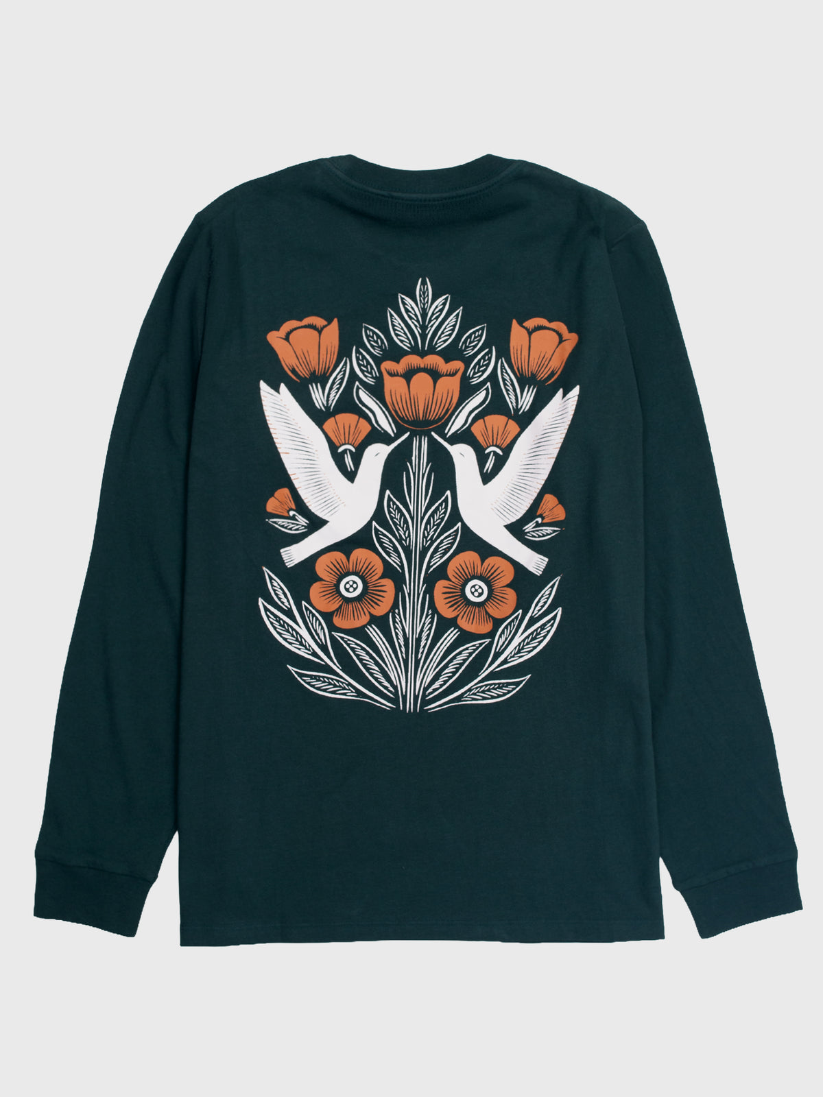 Back of the Midsommar organic cotton long sleeve tee in teal, white hummingbirds and orange poppies in folk-art style