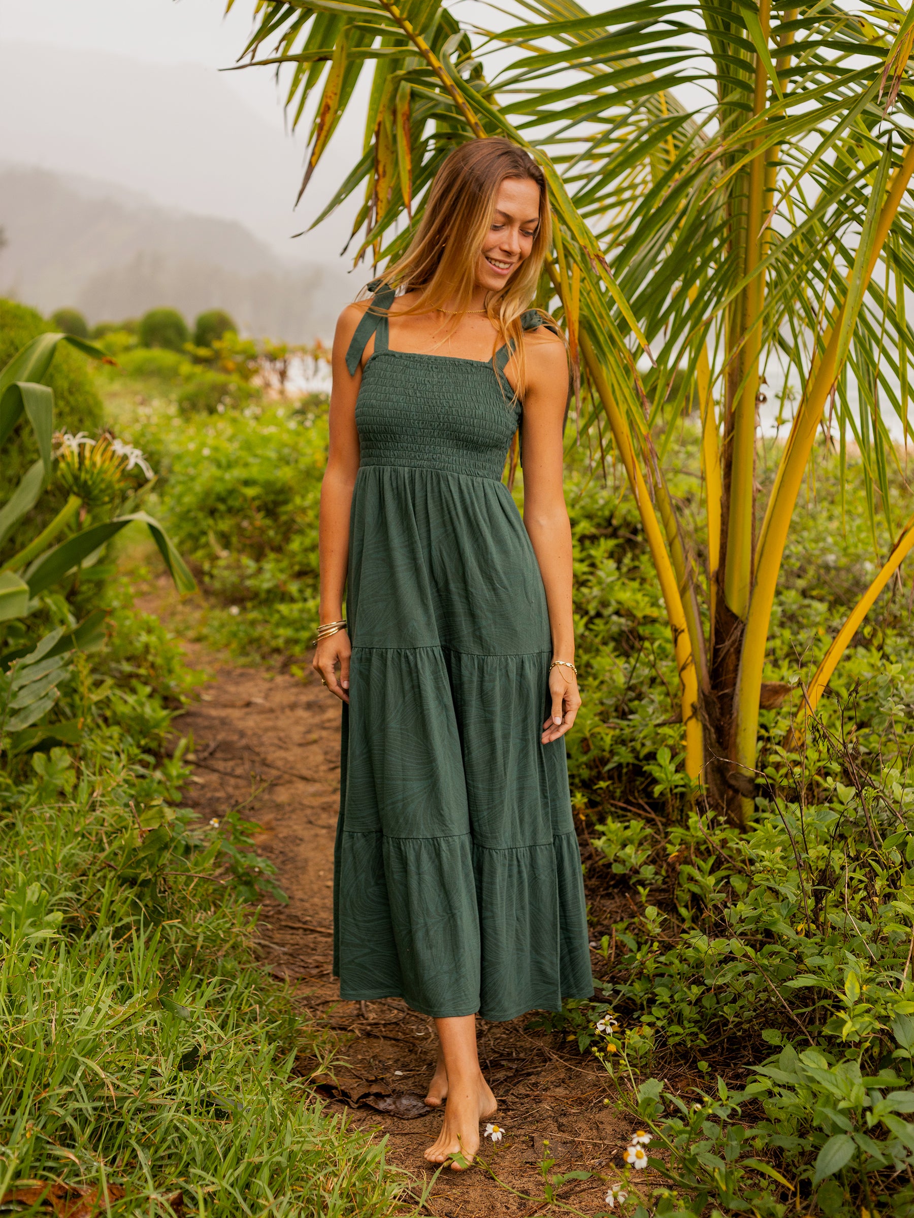 Evie Smocked Dress Tropics, side view, smocked bodice maxi silhouette