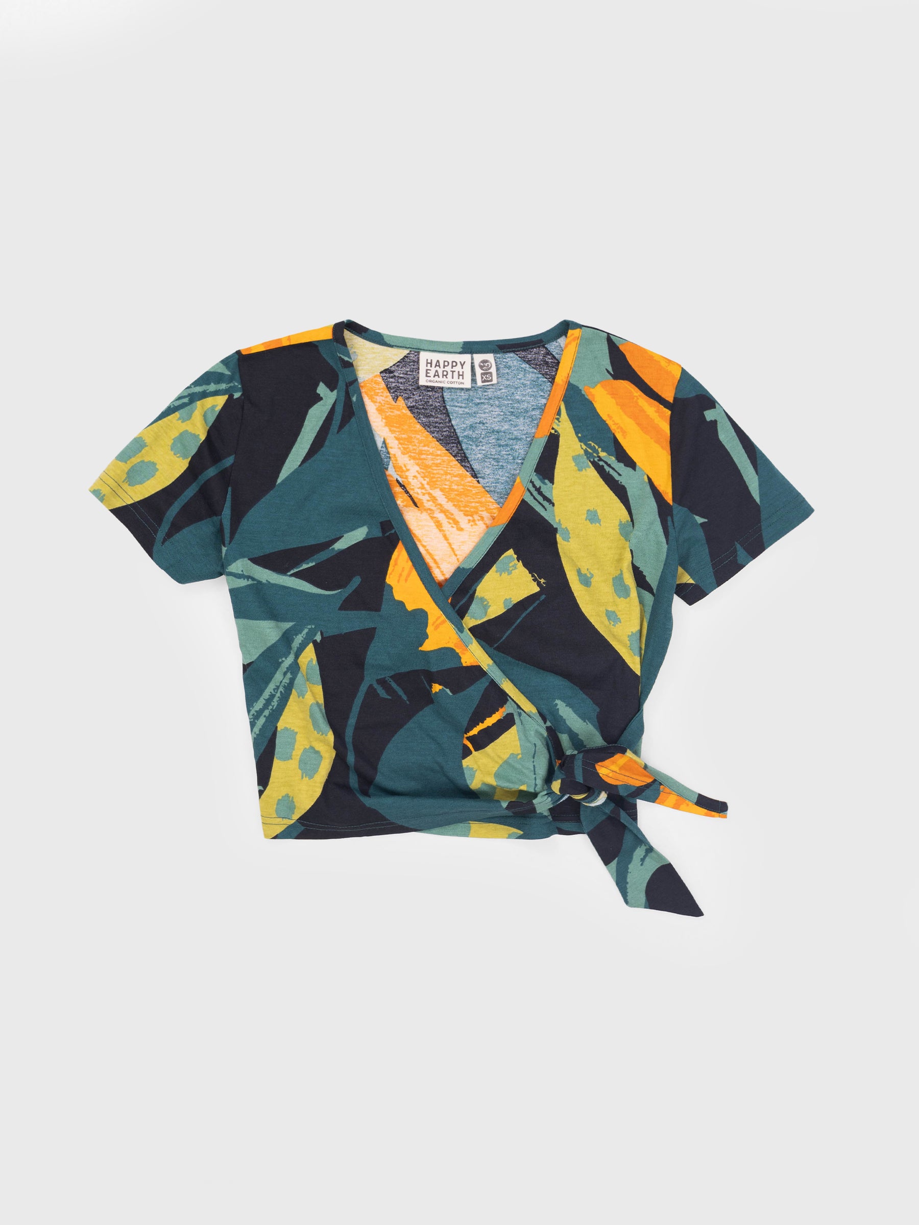Hanalei Wrap Crop Top: organic cotton, tropical leaf print, V-neck, adjustable tie waist.