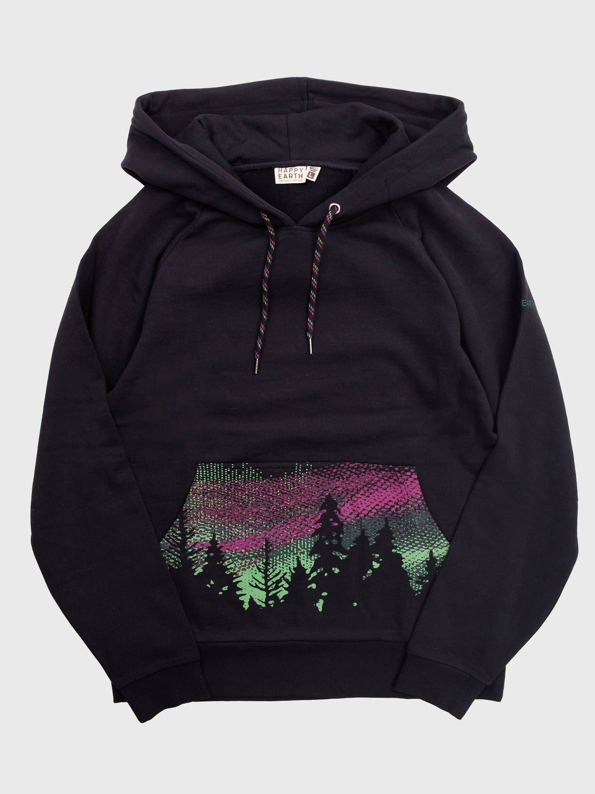 Flat lay of the Borealis organic cotton hoodie in black, pink and green northern lights over pines on the pocket
