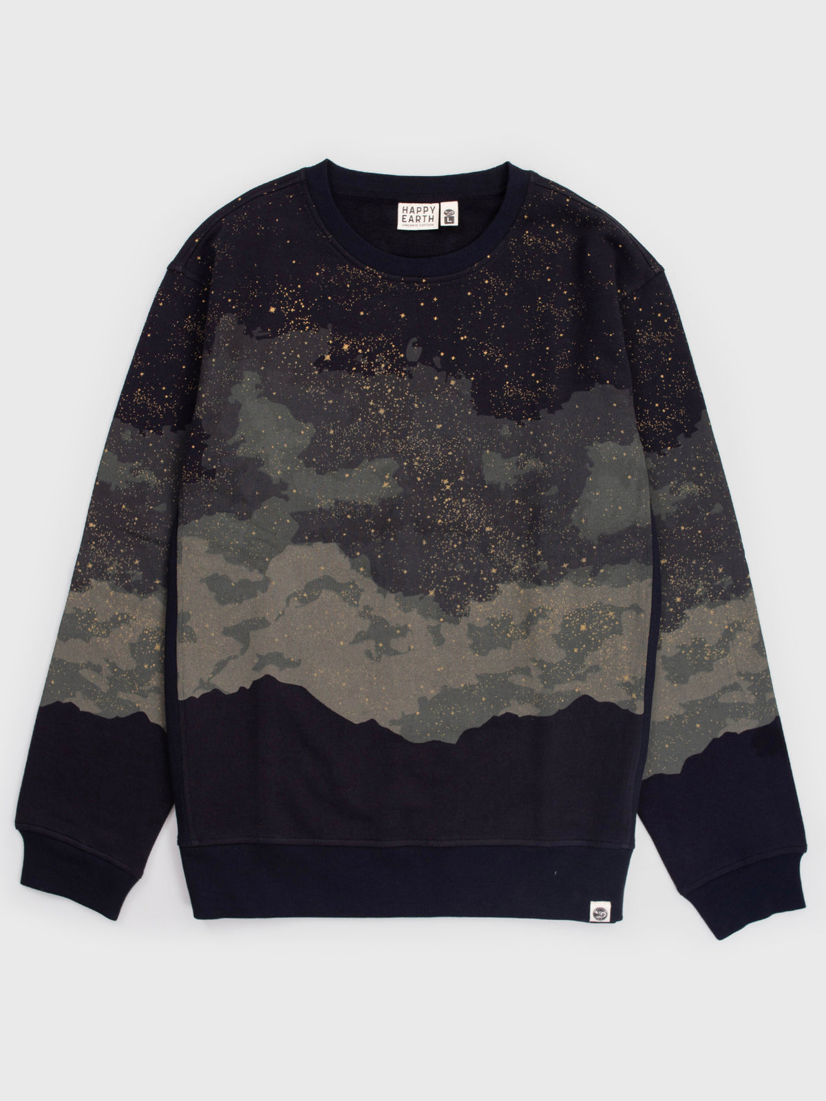 Flat lay of the Embercrest organic cotton sweatshirt in black, starry sky and drifting clouds over a mountain crest