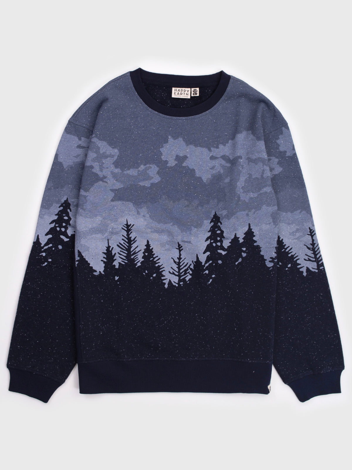 Flat lay of the Stardust organic cotton sweatshirt in speckled navy, cloudy night sky over a pine forest