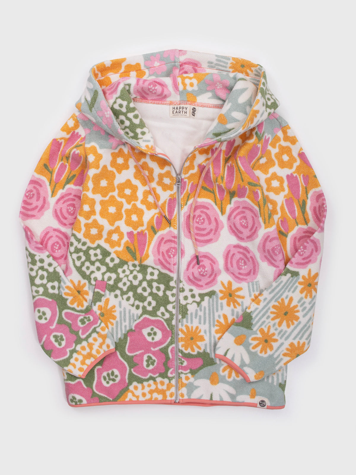 Flat lay of the Bouquet organic cotton sherpa zip hoodie, pink roses, orange and yellow blooms and daisies all over