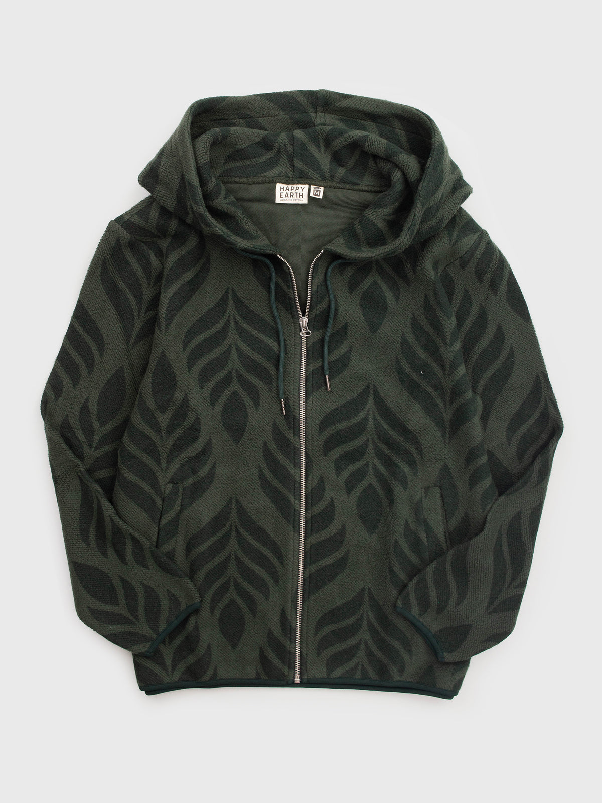 Flat lay of the Verdant organic cotton sherpa zip hoodie in forest green with a tonal leaf pattern