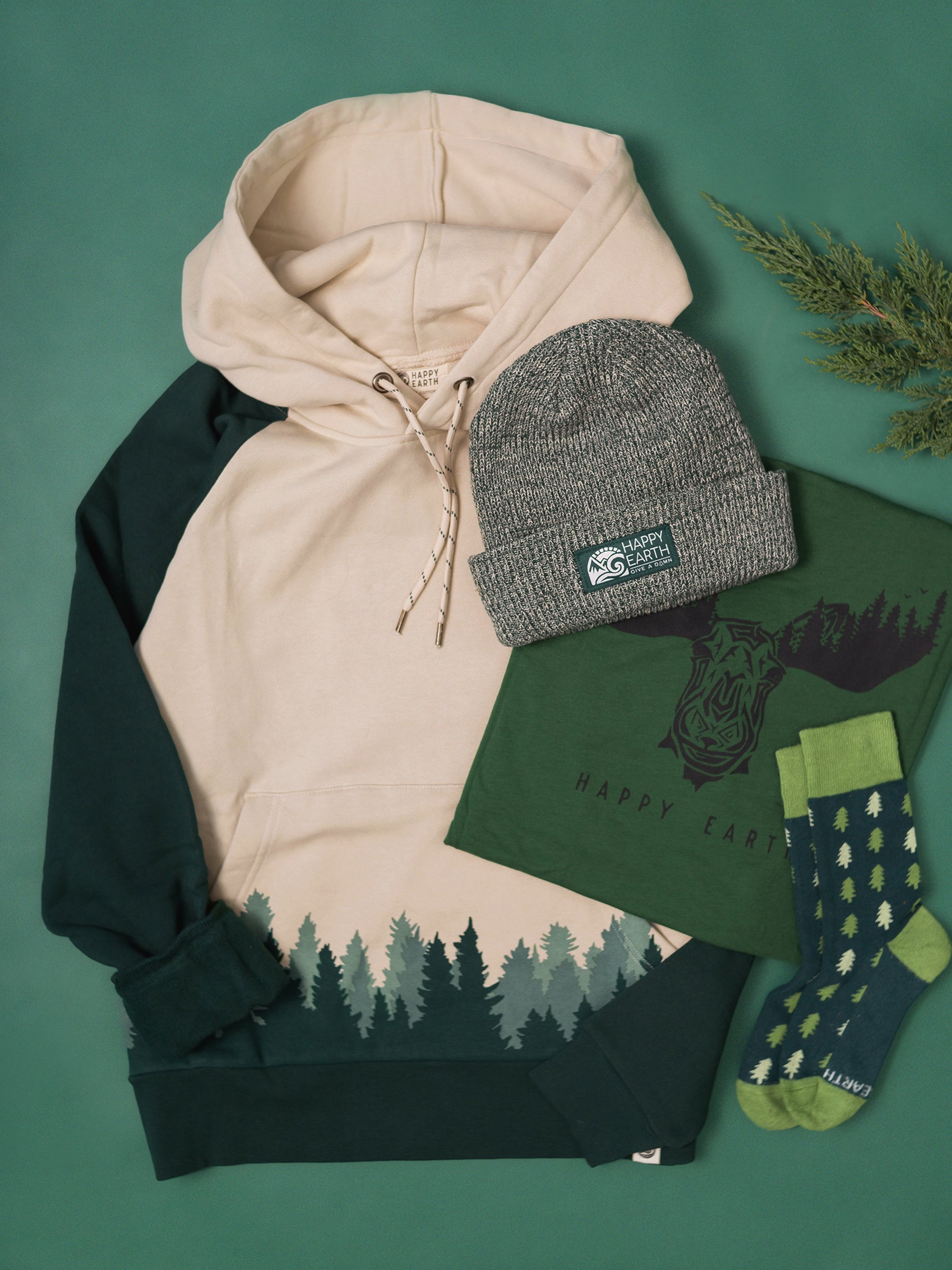 All-gender Fading Forest Organic Fleece Hoodie Sweatshirt - Green/Tan