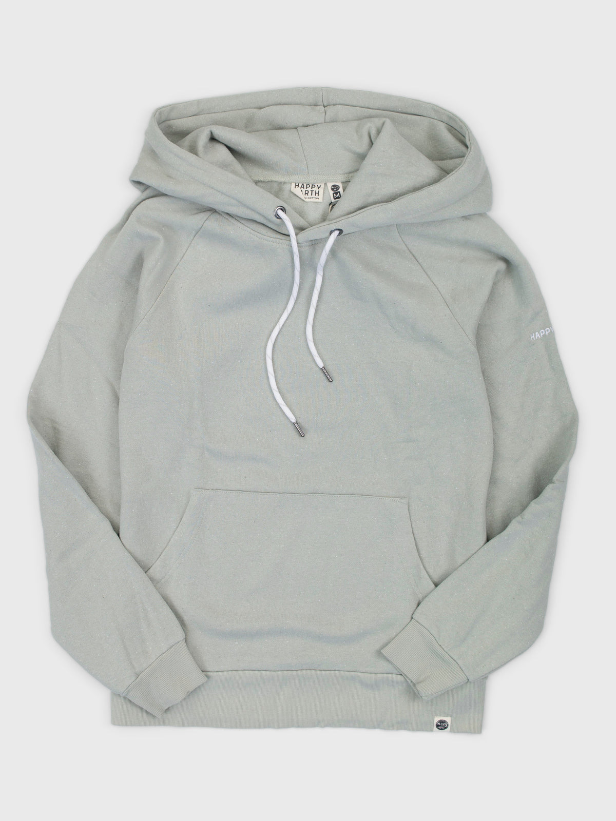 Sea Mist organic cotton hoodie in pale sage green with white drawstrings and a front pocket