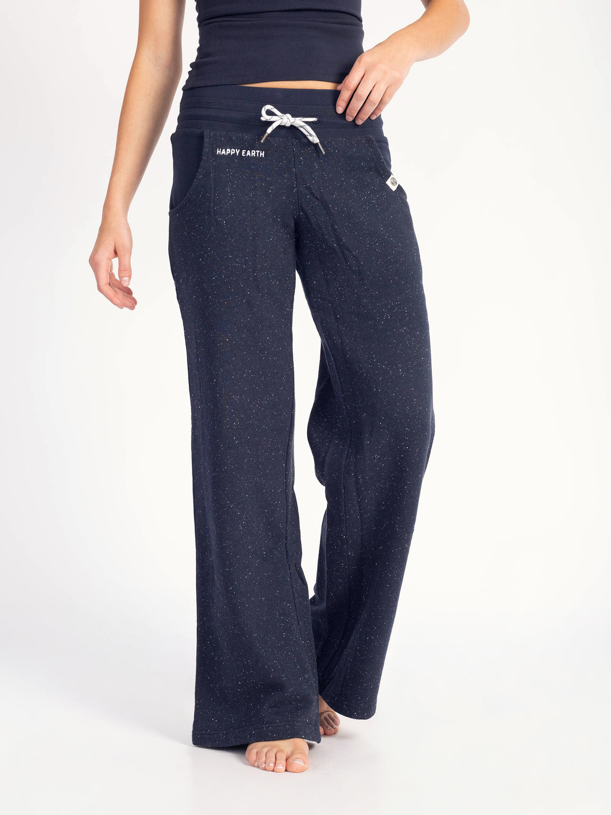 Front of the speckled navy Moonshine organic cotton wide leg sweatpants