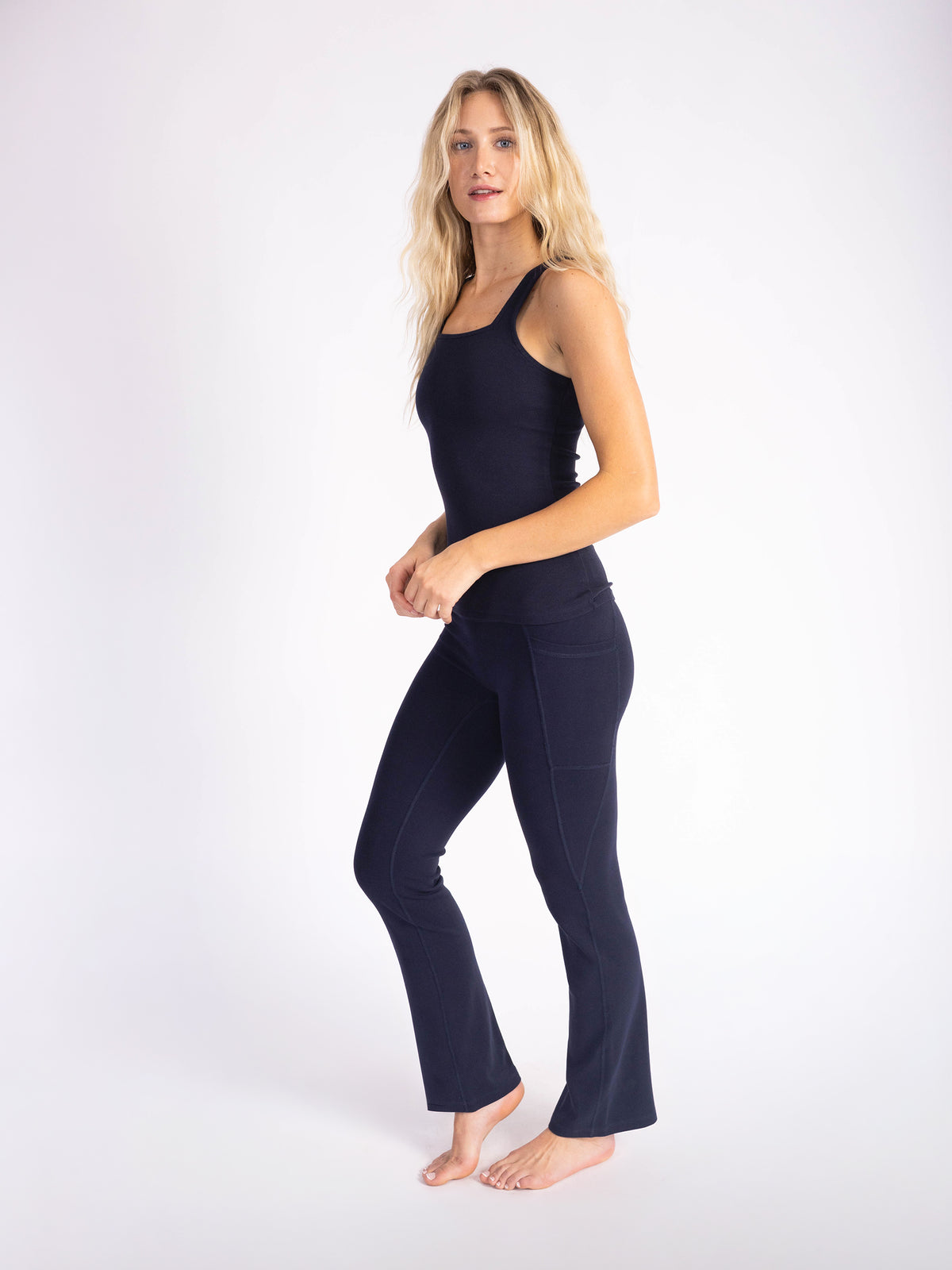 Ocean PlantTec reversible contour tank in navy blue, styled with matching flare leggings, PFAS-free, skin-safe fabric