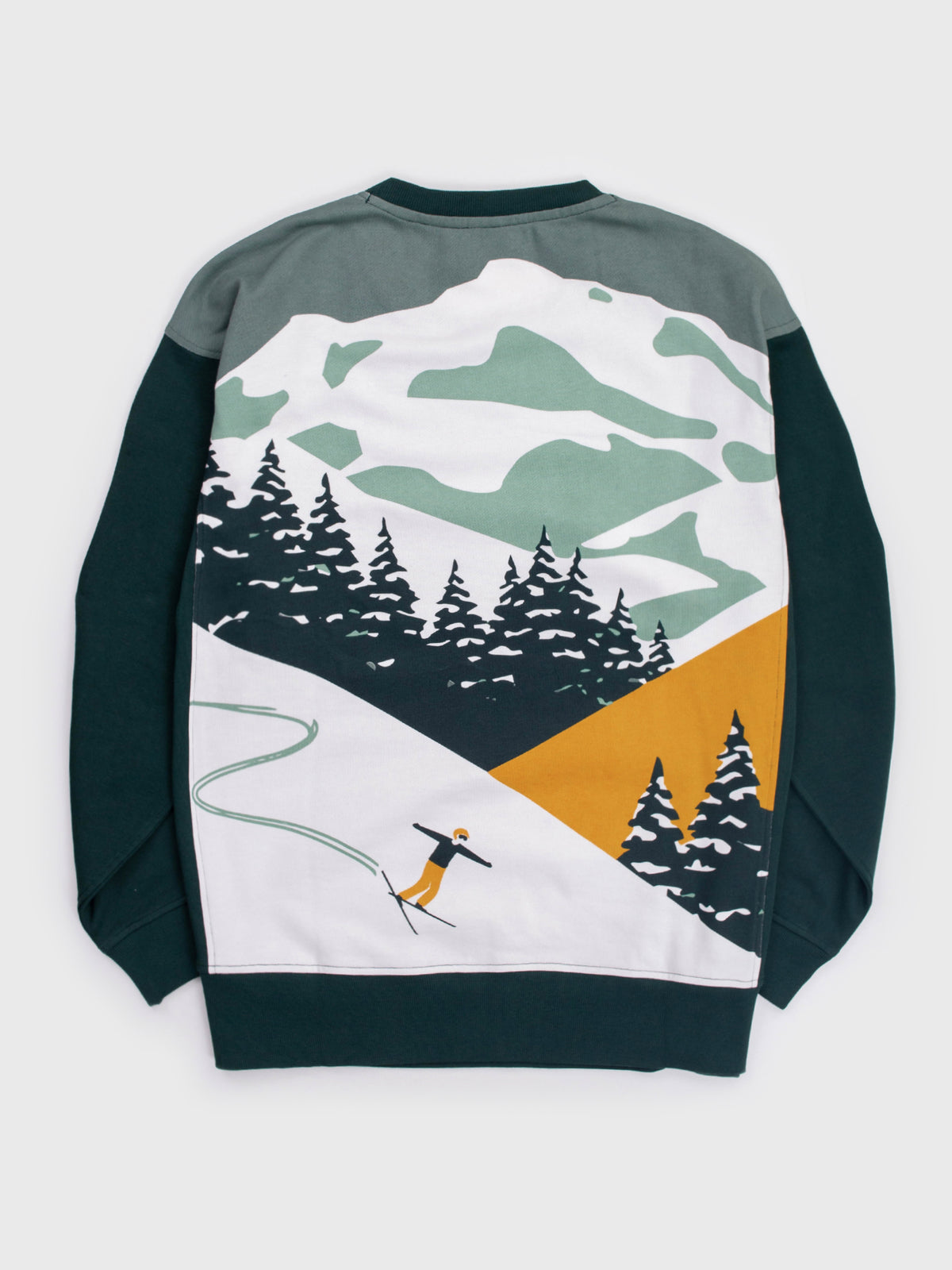 Back of the Powderbound organic cotton sweatshirt, retro ski poster design with skier, pine trees and snowy peak