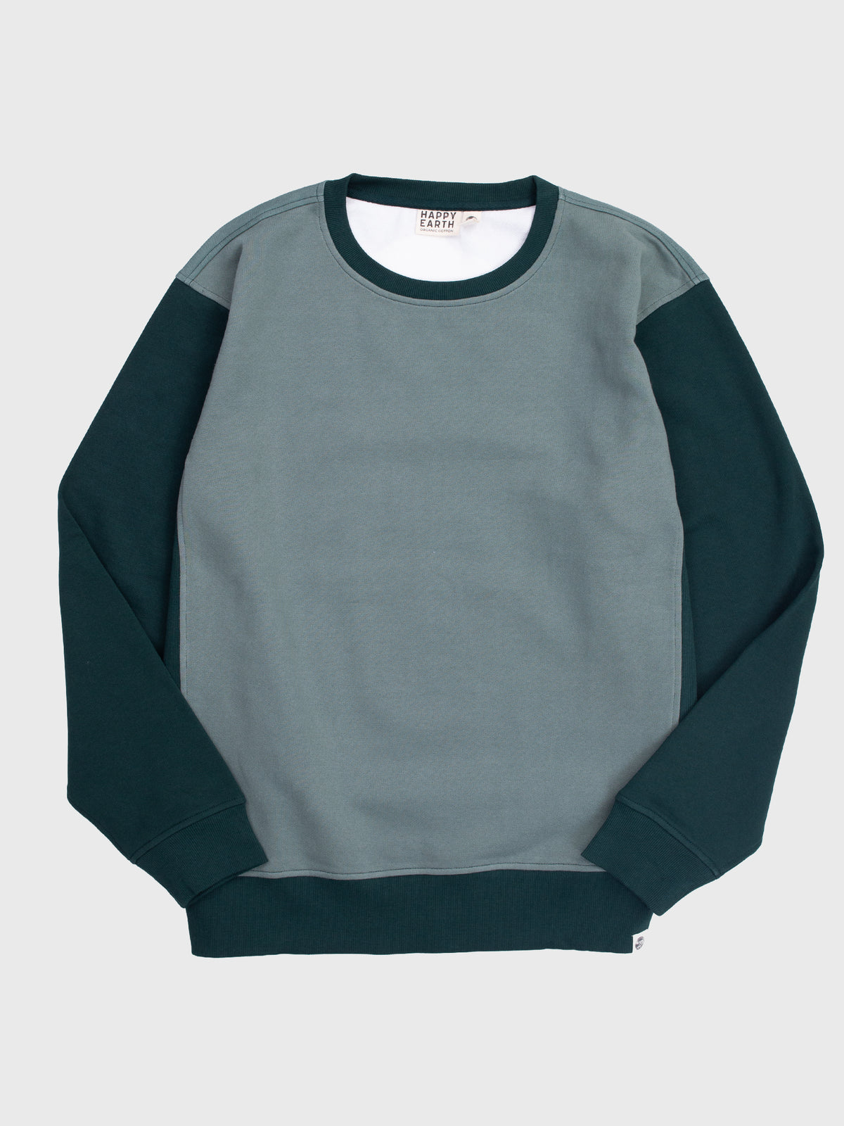 Front of the Powderbound organic cotton sweatshirt, plain Monstera teal body with Spruce green sleeves