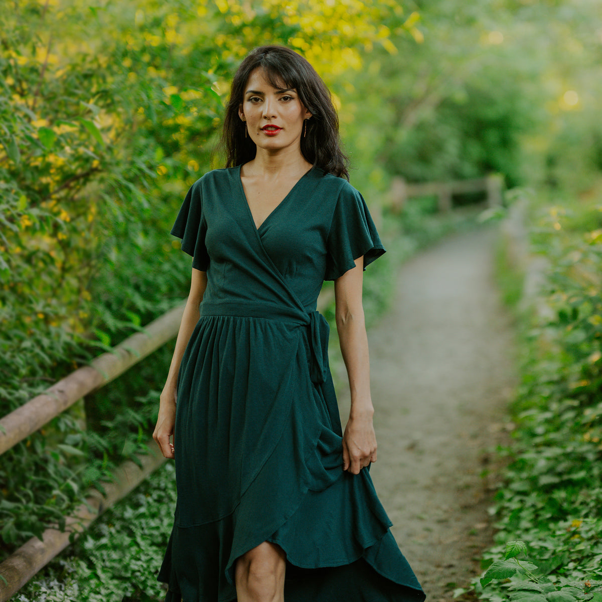 wrap dress with v neck Women's Organic Cotton Ruffle Wrap Dress