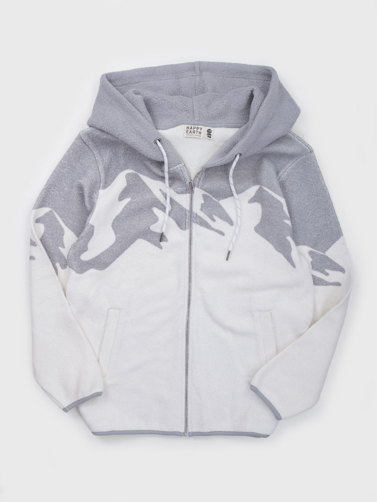 Flat lay of the Altitude organic cotton sherpa zip hoodie in white, gray mountain range across shoulders and hood