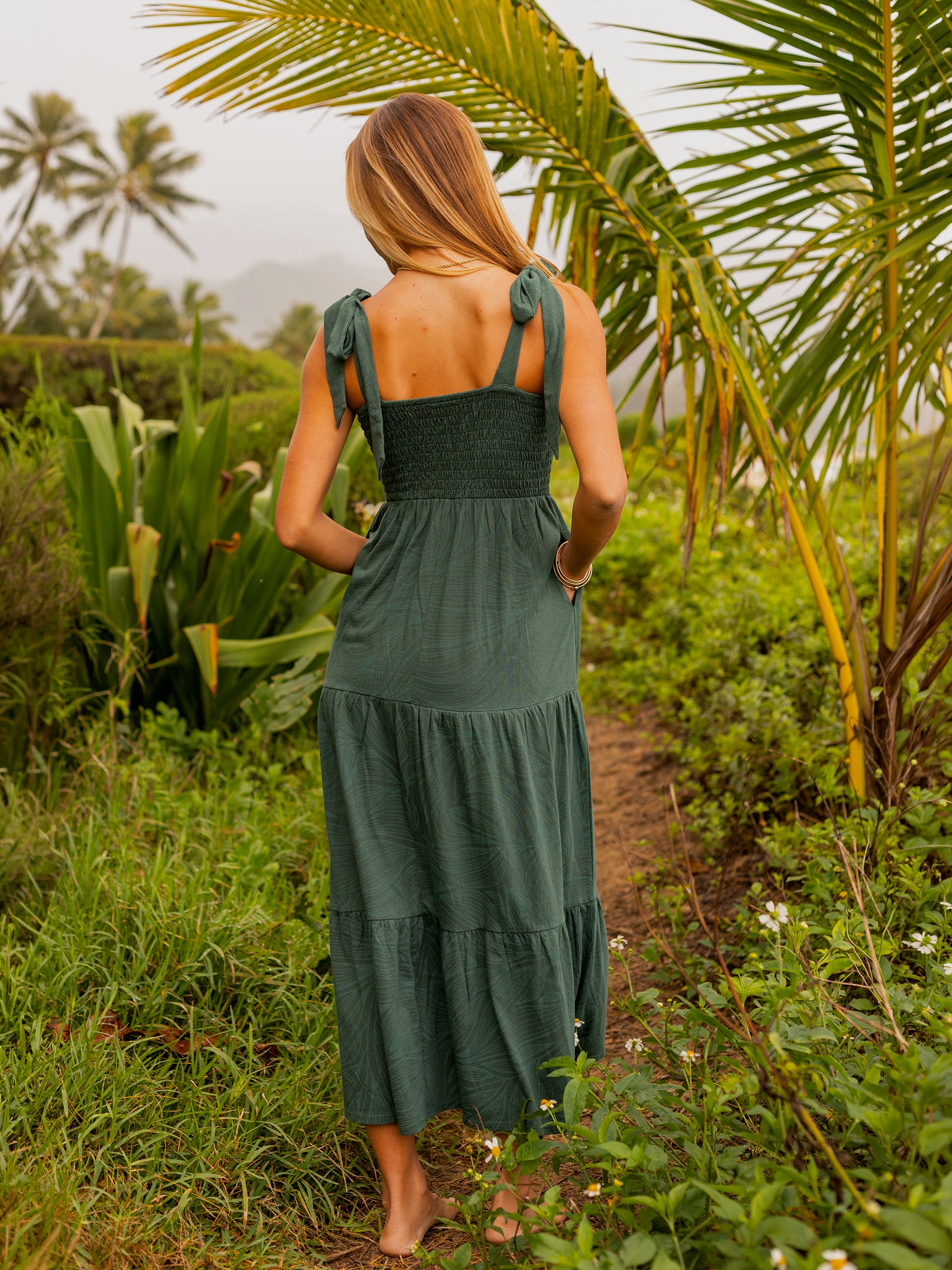 Evie Smocked Dress Tropics, front view, smocked bodice maxi silhouette