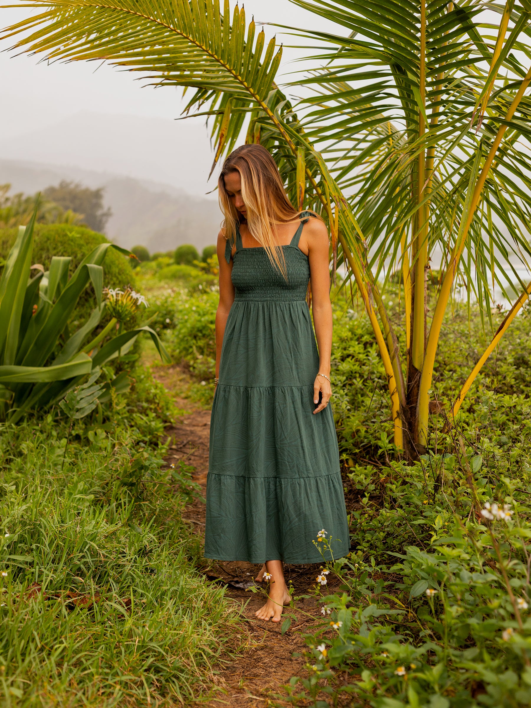 Evie Smocked Dress Tropics, side view, smocked bodice maxi silhouette