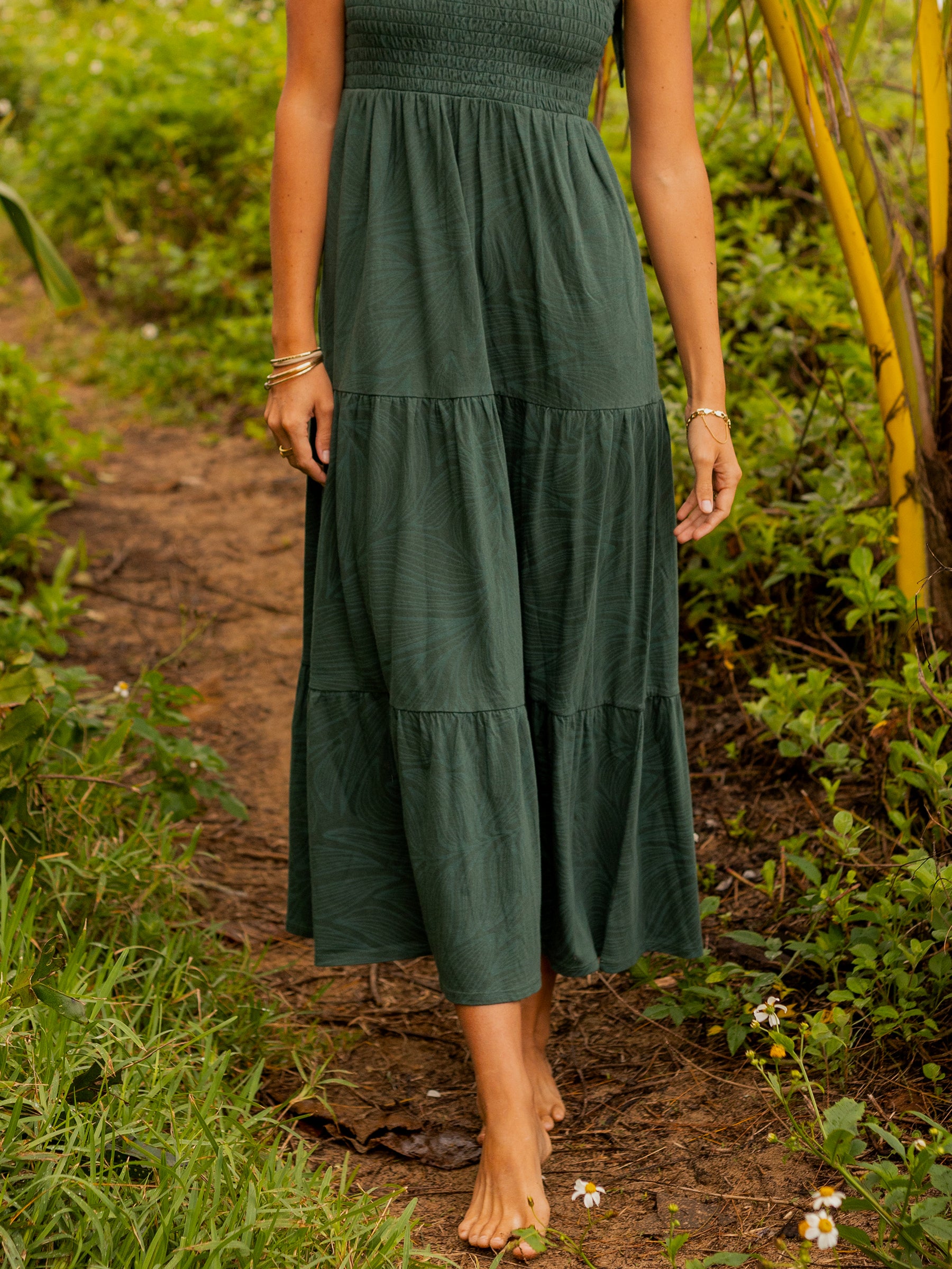 Evie Smocked Dress Tropics, detail view, smocked bodice maxi silhouette