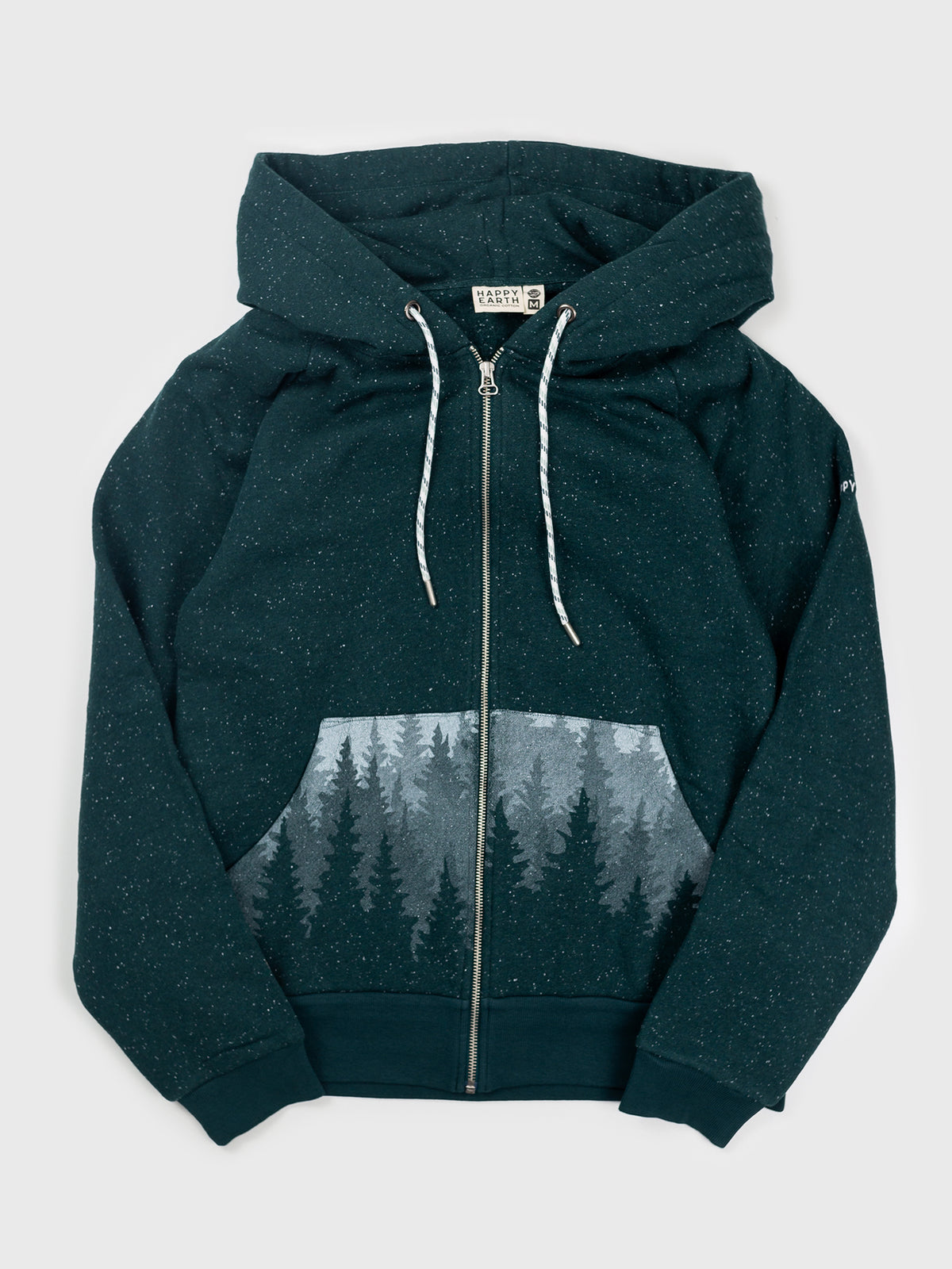 Flat lay of the Cloud Forest organic cotton zip hoodie in speckled deep teal, misty forest on the pockets