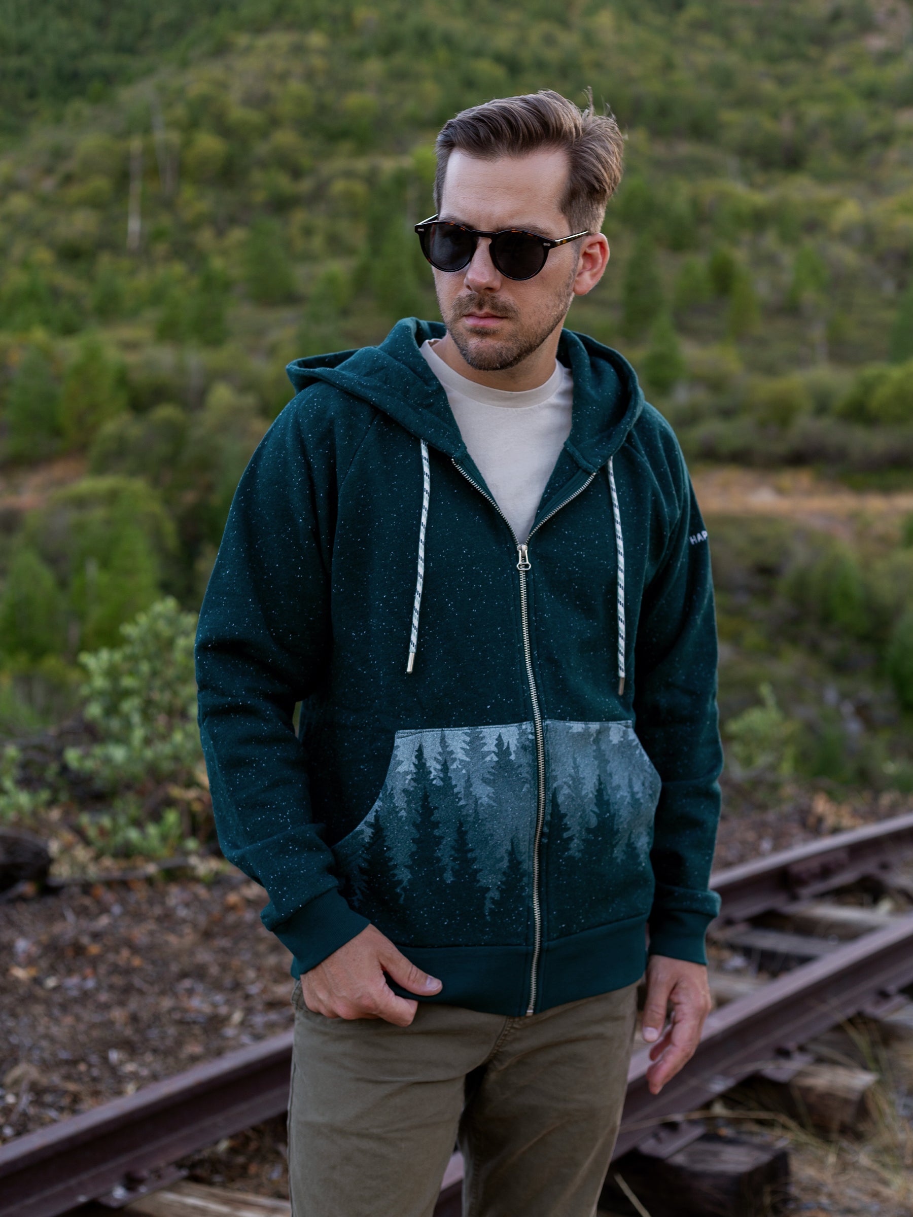 Misty Forest Zip Hoodie, a Organic Hoodie by Happy Earth Apparel